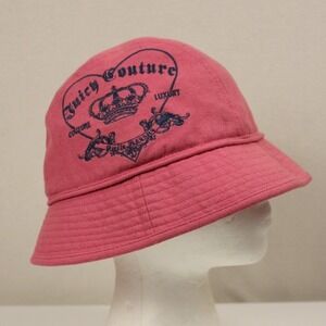 Juicy Couture Pink Wool Blend Bucket Hat Embroidered Crown Hearts‎ Y2K Vintage
